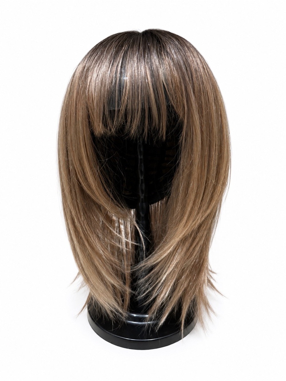 Mixed Blonde Ombre Wig with Bangs Dark Roots Layered Synthetic Wig 14 Inch